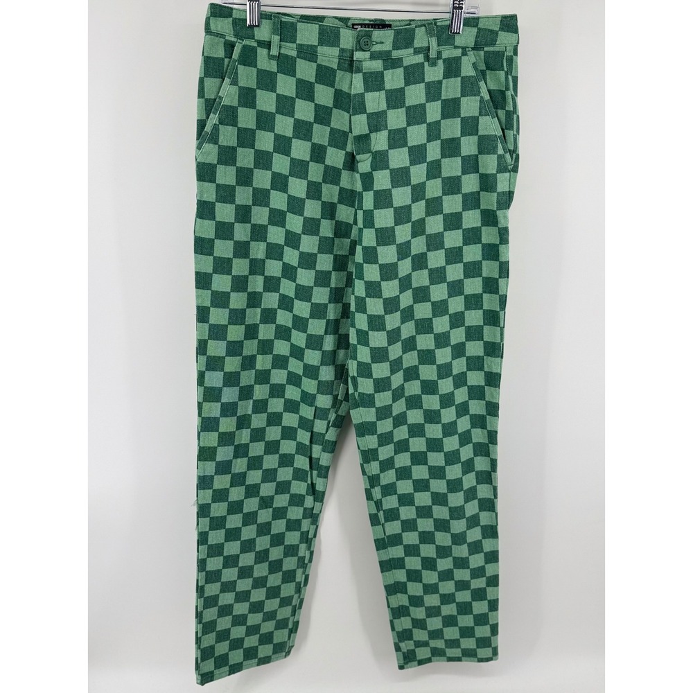ASOS DESIGN Mens Green Checkerboard Straight Leg Button Fly Pants W34 L36 XL